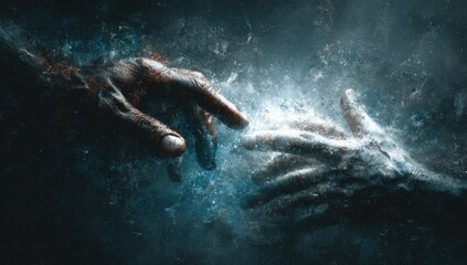 Fototapeta premium Two hands reaching, ethereal connection