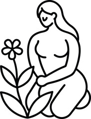 minimalist seated woman with flowers line art illustration on transparent