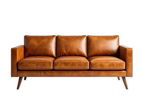 Tan leather sofa with mid-century legs