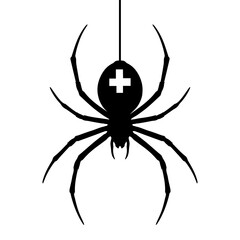 Black and white silhouette black widow spider. Dangerous insect on white background. Festive decoration for party, invitation, card or poster. Halloween.
