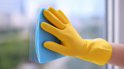 Cleaning cloth with yellow glove wiping glass window with blurred background, showing care and cleanliness