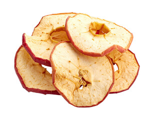 Dehydrated apple slices, piled high, light tan and reddish-pink edges