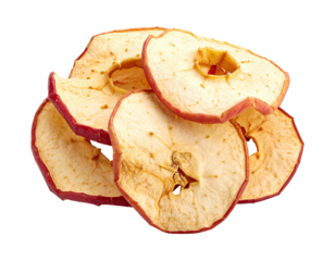 Dehydrated apple slices, piled high, light tan and reddish-pink edges