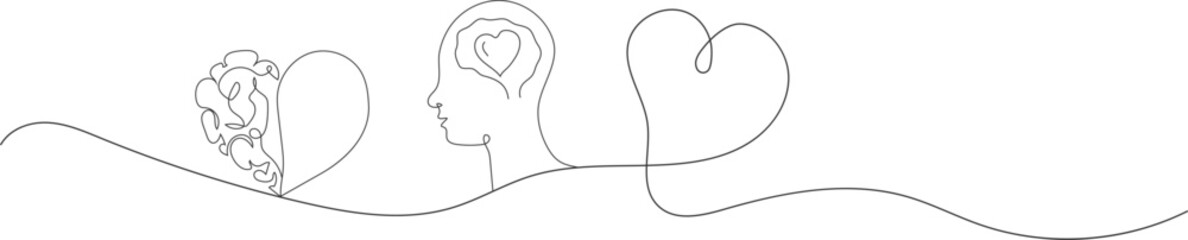 Continuous Line Art of Brain Heart and Head Symbolizing Emotion and Logic human mind