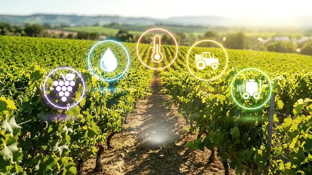 Vineyard with digital overlays of grapes, water, temperature, tractor and sprayer.