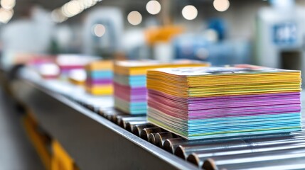 Vibrant Printed Stacks on Industrial Conveyor Belt in Modern Printing Factory