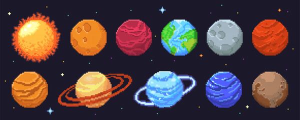 Pixel planet solar system set for space game - celestial bodies with Sun, rocky worlds, gas giants and ringed spheres. Cosmic set with stars, orbits and astronomical objects for astronomy design. © klyaksun
