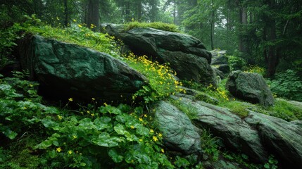 Emerald Rocks and Yellow Flowers in Lush, Misty Forest Landscape
