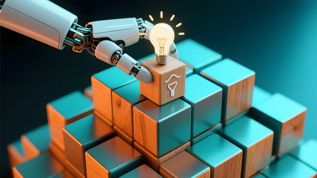 Artificial intelligence-driven robot meticulously building a foundation of ideas, symbolizing innovation, strategic development, and future problem-solving through advanced technology