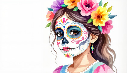 Young woman with colorful sugar skull makeup and floral crown  