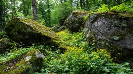 Ancient Mossy Boulders Cradling a Vibrant Patch of Yellow Forest Wildflowers