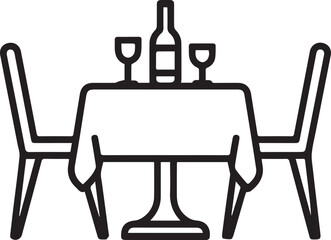 Elegant dining table setting with wine glasses and bottle silhouette icon