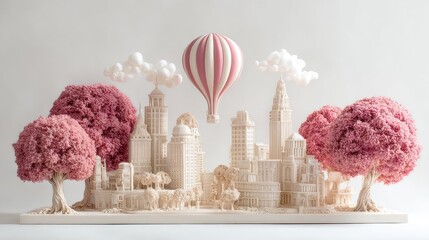 Dreamlike Ivory City Sculpture with Pink Blossom Trees and a Striped Hot Air Balloon