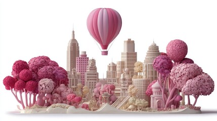 Whimsical Pink Cityscape with Floating Hot Air Balloon