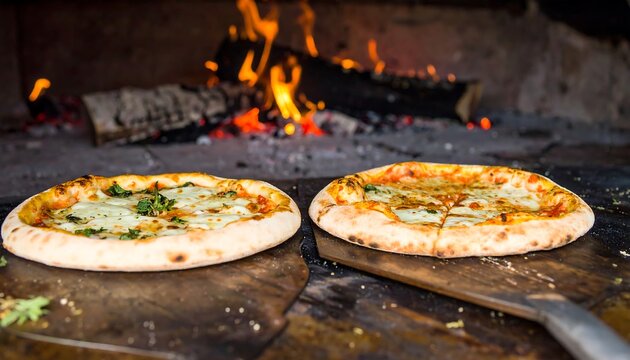 Two pizzas cooked in a wood-fired oven - Powered by Adobe