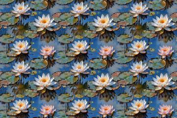 Serene seamless pattern: impressionist water lilies and pond flora in soft pastels. Peaceful aquatic botanical design, ideal for tranquil spring/summer projects.