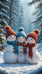 Obraz premium Cute smiling snowman wearing red scarf and winter hat standing in snowy forest with falling snow, festive Christmas winter holiday background