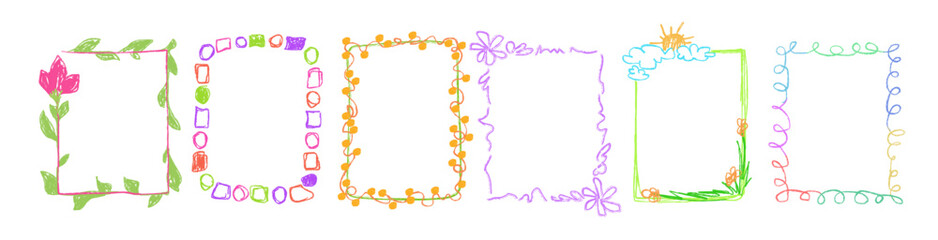 Colorful kid drawn frame borders with crayon star shapes, flowers and scribbles for children art decoration. Rainbow rectangles with sun, clouds and geometric patterns for playful craft school project © klyaksun