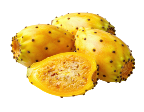 Close-up of three prickly pear fruits, one halved, displaying yellow-orange flesh and dark-brown spines