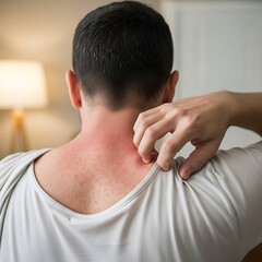 Obraz premium Man experiencing skin irritation scratching his back seeking relief indoors