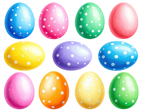 Twelve colorful eggs, each with white polka dots, arranged in a grid.  The eggs are various pastel shades, including pink, blue, green, yellow, orange, and purple