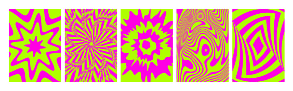 Hypnotic color retro patterns collection with psychedelic designs - neon pink and lime green swirls, starburst rays, wavy lines for posters or backgrounds. Vibrant groovy vintage artwork set.