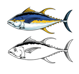 Yellowfin Tuna Fish With Hand Drawn Illustration Style