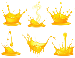 Six illustrations of golden liquid splashes, in various shapes and sizes