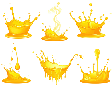 Six illustrations of golden liquid splashes, in various shapes and sizes