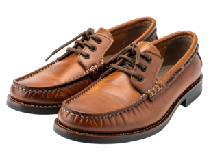 Two brown leather boat shoes, laced, with visible stitching and moc-toe detail