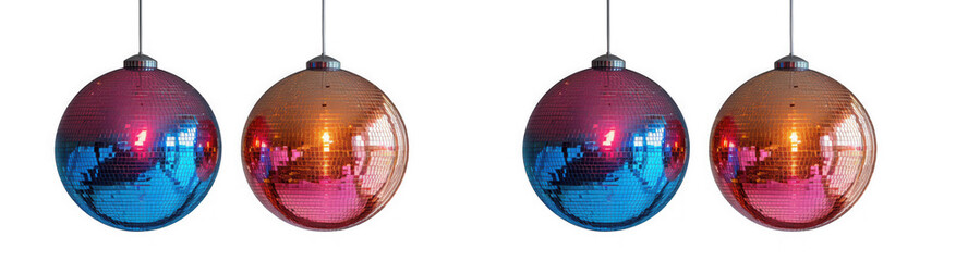 Four colorful disco balls hanging from above, creating a festive and vibrant atmosphere, isolated on transparent background perfect for party decorations