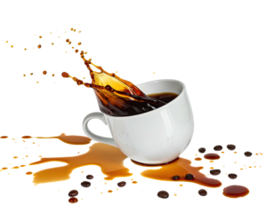 Coffee spill from a white mug, with splashing liquid and coffee beans
