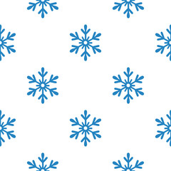 Seamless repeating pattern of blue snowflakes on a white background. This vector illustration is ideal for winter-themed designs, holiday decorations, and seasonal projects.
