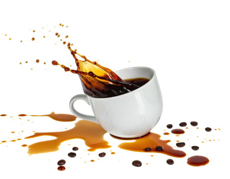 Coffee spill from a white mug, with splashing liquid and coffee beans