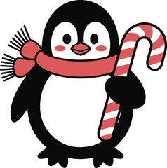 Christmas penguin with candy cane silhouette vector