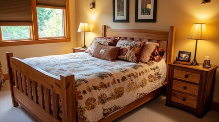 Comfortable cabin bedroom ambiance showcasing a rustic wood bed frame and soft lighting