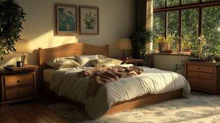 Tranquil bedroom scene with wooden bed, bedside tables, and a window overlooking lush greenery