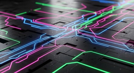 Abstract digital network with glowing neon lines crisscrossing a dark, textured futuristic surface, symbolizing data flow and connectivity in a high-tech environment