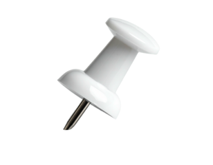 Close-up of a white push pin, smooth surface, round head, slender metal point, simple design