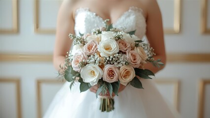 Bride holding wedding bouquet of roses and greenery