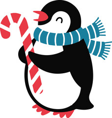 Christmas penguin with candy cane silhouette vector