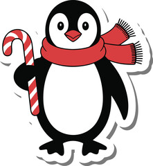 Christmas penguin with candy cane silhouette vector