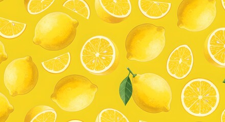 Bright yellow lemons and slices pattern on matching background