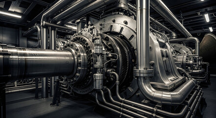 Industrial Powerhouse: Steam Turbine Generator in Monochrome Detail