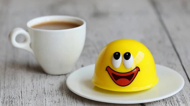Cheerful yellow smiley face dessert beside a steaming cup of coffee on a rustic table.