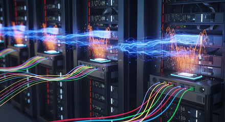 Data Center Servers with Fiber Optic Cables and Data Stream Visualizations