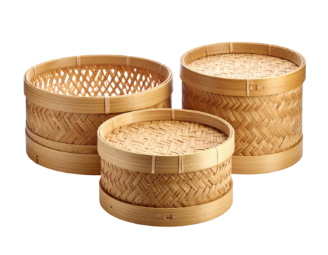 Three natural bamboo steamer baskets of varying sizes