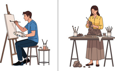 Cartoon Lifestyle Icons Featuring Painting and Sculpting Artists, Focused Mood, Creative Theme, and Hands-On Visual Arts Scene