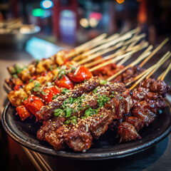 Grilled skewers of marinated meat and vegetables arranged on a black plate, garnished with green onions and sesame seeds in a vibrant night market setting.