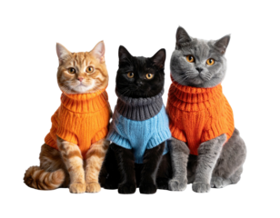 Three cats wearing cozy sweaters